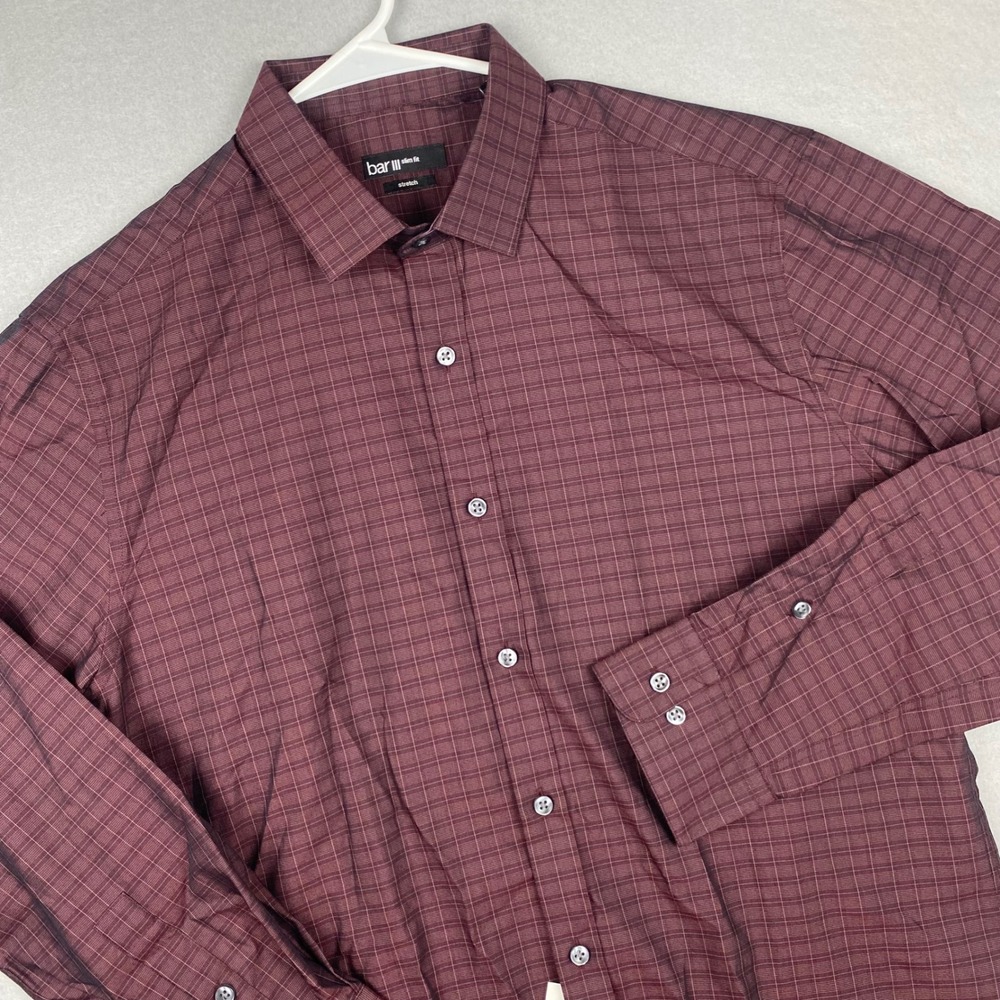 Bar III Mens Slim Fit Dress Shirt Burgundy Grid Stretch Easy Care 16 32-33 L
